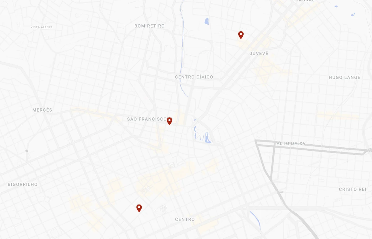 Mapa das três unidades do Elite em Curitiba